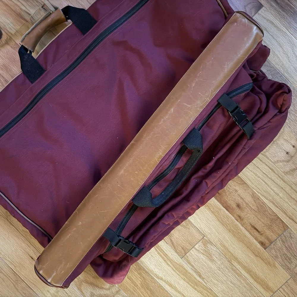 L.L. Bean Garment Bag‎ Burgundy Tan Leather Accents Hanging Travel Bag Vintage